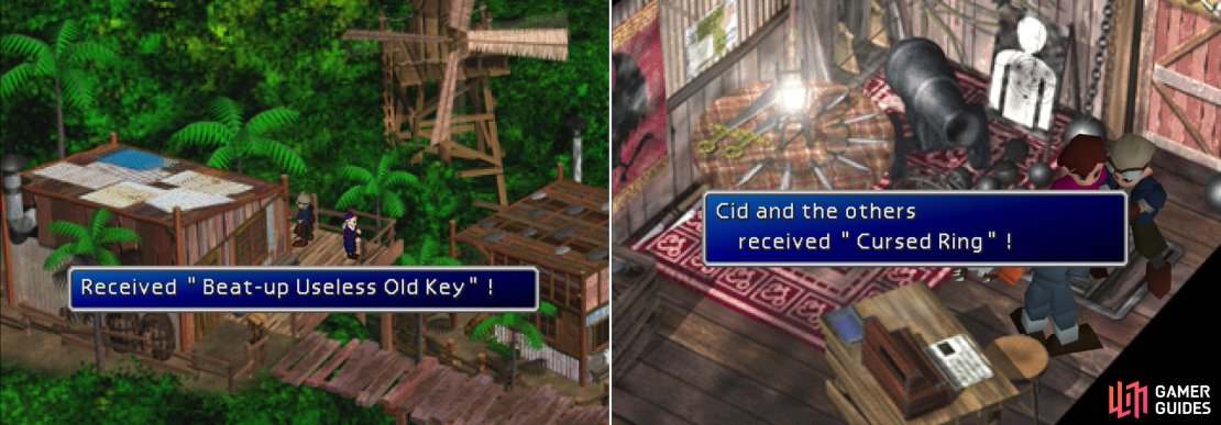 Find the &ldquo;Beat-up Useless Old Key&rdquo; near the accessory shop (left) then try to open the &ldquo;locked&rdquo; door in the weapon shop to get the Cursed Ring (right).