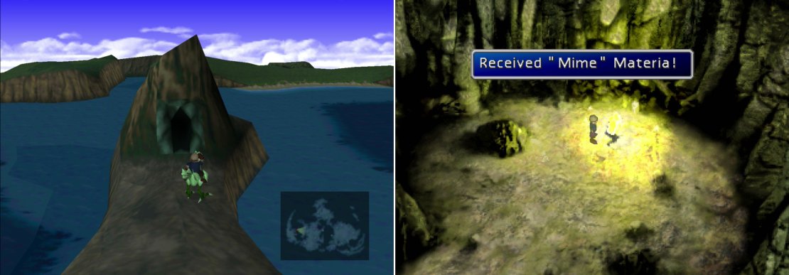 Find a cave near Wutai, which can be reached by riding a Green Chocobo (left). Inside you’ll find the immensely useful Mime Materia (right).