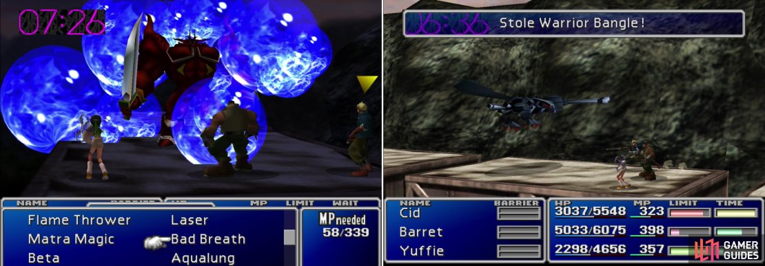 “Aqualung“ will do decent damage against the Wolfmeister enemy (left). Steal the unimpressive, but unique Warrior Bangle from the Eagle Gun (right).