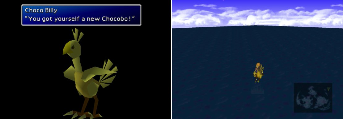Breed a high-ranking &ldquo;Wonderful&rdquo; Chocobo and a Black Chocobo to get a Gold Chocobo (left). This king among Chocobos can cross mountains, rivers&hellip; even oceans! (right)