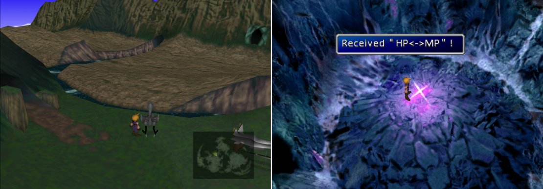 West of Costa del Sol you&rsquo;ll find a cave which can be reach by a Black Chocobo (left). Inside you&rsquo;ll find the&hellip; ah&hellip; under-whelming HP&hArr;MP Materia (right).