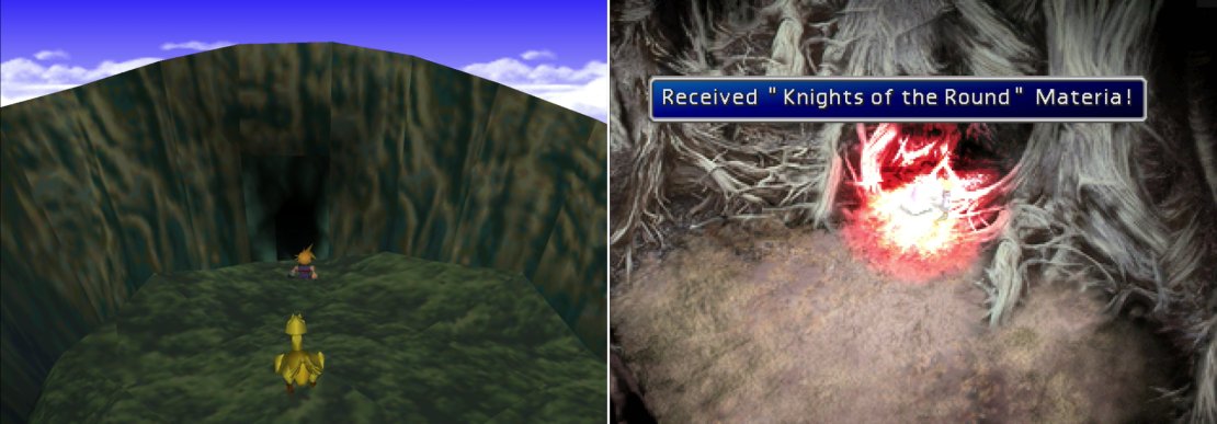 Cross the sea with your Gold Chocobo to find Round Island in the north-eastern corner of the map (left). Inside you can obtain the game-breaking Knights of the Round Materia (right).