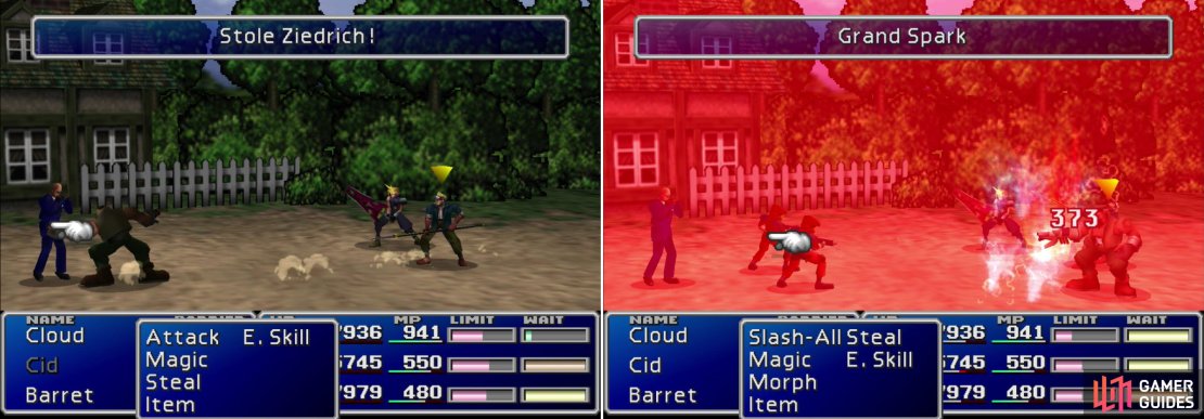 Steal another Ziedrich from Rude (left). He&rsquo;s got some buddies guarding him, and new attacks including &ldquo;Grand Spark&rdquo; (right), but he&rsquo;s not too tough.
