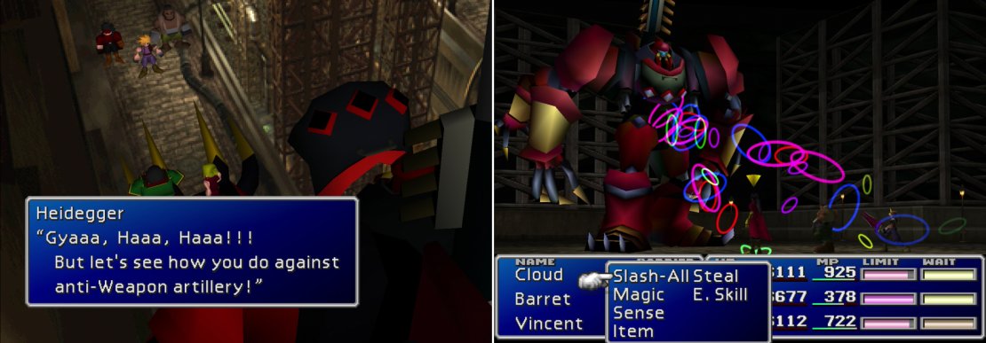 Heidegger and Scarlet will finally take a stand again you, piloting Proud Clod; an anti-Weapon unit developed by Shinra (left). Its “Materia-Jammer” attack will cast Reflect on a character, but Proud Clod can only use it as long as its Jamar Armor is intact (right).