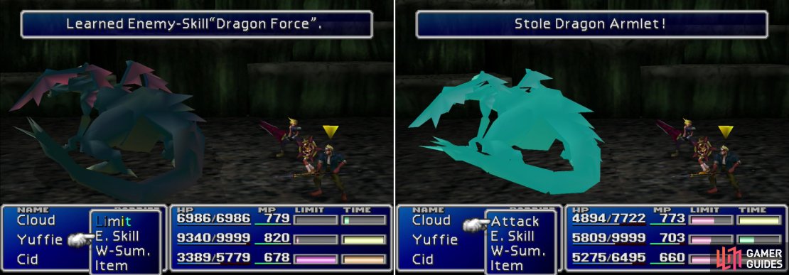 You can learn the &ldquo;Dragon Force&rdquo; and &ldquo;Laser&rdquo; Enemy Skills from Dark Dragons (left), you can also steal Dragon Armlets from them (right).