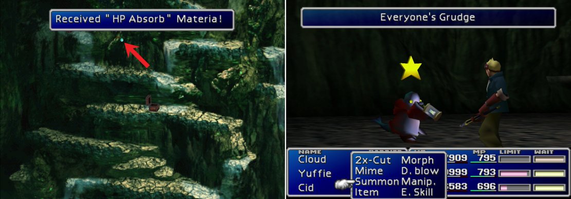 Find the HP Absorb Materia brazenly hidden in plain sight (left). The Master Tonberry will counter attacks with &ldquo;Everyone&rsquo;s Grudge&rdquo;, which deals damage proportional to the number of kills a character has (right).