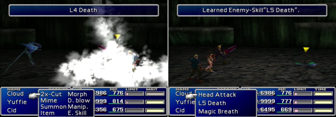 Gargoyles will cast &ldquo;L4 Death&rdquo; as a final attack before they die (left), be sure to protect yourself with &ldquo;Death Force&rdquo;. You can learn the &ldquo;L5 Death&rdquo; and &ldquo;Magic Breath&rdquo; Enemy Skills from Parasites (right).