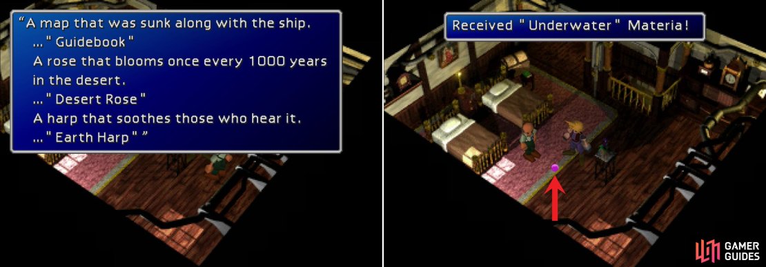 The old man in Kalm will you about some items he needs to begin a pilgrimage. Items he’ll reward you greatly for (left). Give him a Guidebook to optain some Underwater Materia, which will remove the timer from the fight with Emerald Weapon (right).