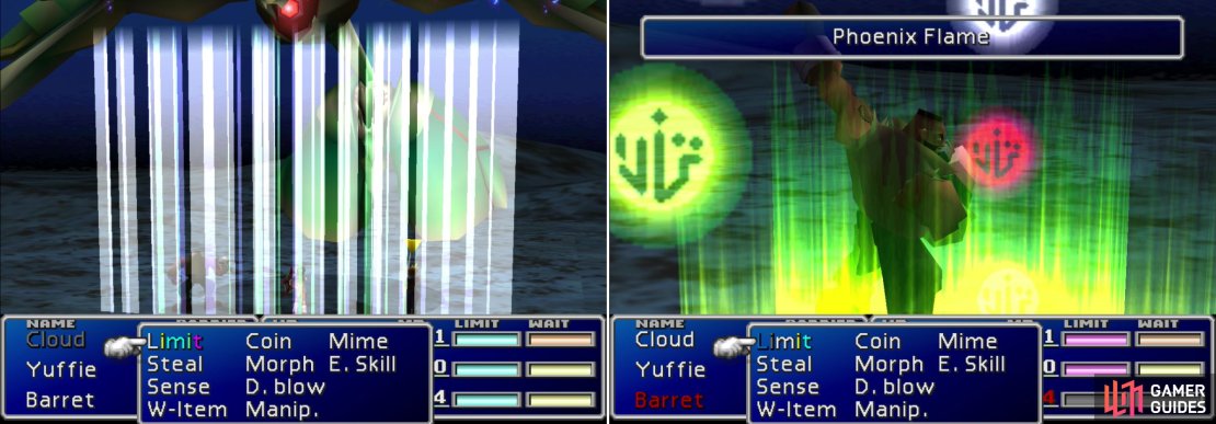Emerald Weapon’s Aire Tam Storm is easily its most dangerous attack, dealing 1111 damage per piece of Materia a character has equipped (left). Having Phoenix + Final Attack Materia equipped will revive the party in case they get wiped out (right).