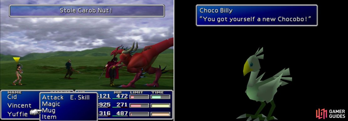 Steal a Carob Nut from the Vlakorados beast, which inhabits some islands between Costal Del Sol and the northern continent (left). With the right Chocobos, Greens and a Carob Nut you should be able to breed a Green or Blue Chocobo! (right)