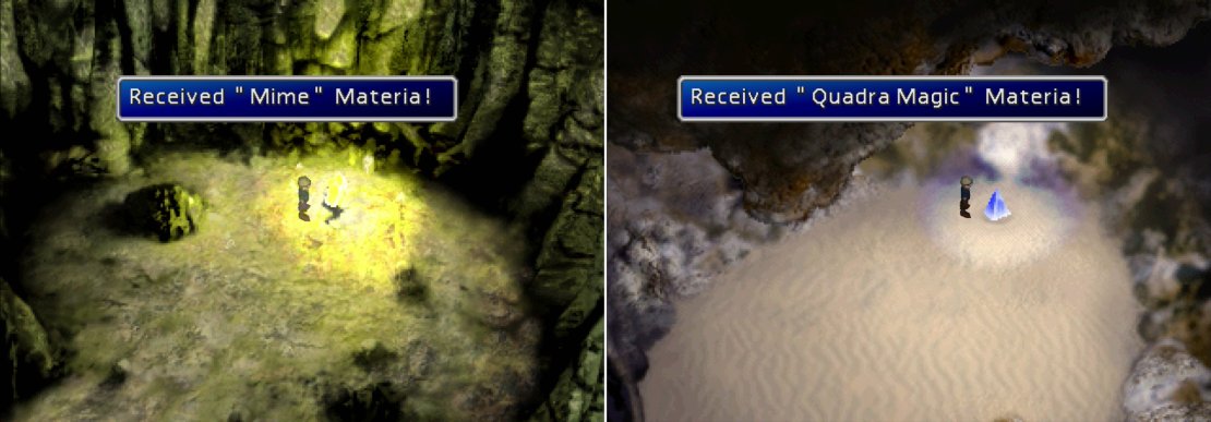 With the Green Chocobo you can find the Mime Materia (left) and with the Blue Chocobo you’ll be able to reach the Quadra Magic Materia (right).