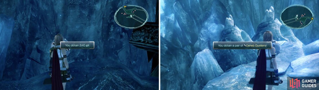 After you cross the ice bridge you will reach 240 Gil (left) and Deneb Duellers. (right)
