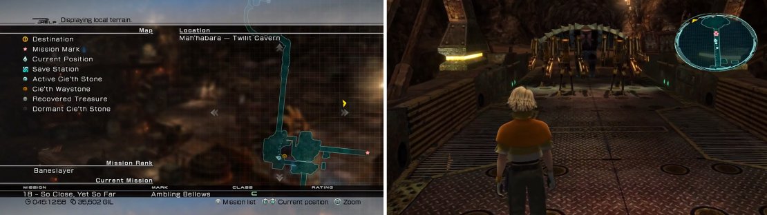 You can find a Cie&rsquo;th Stone in this area (left). A Boxed Phalanx guards one of the bridges out of here (right).