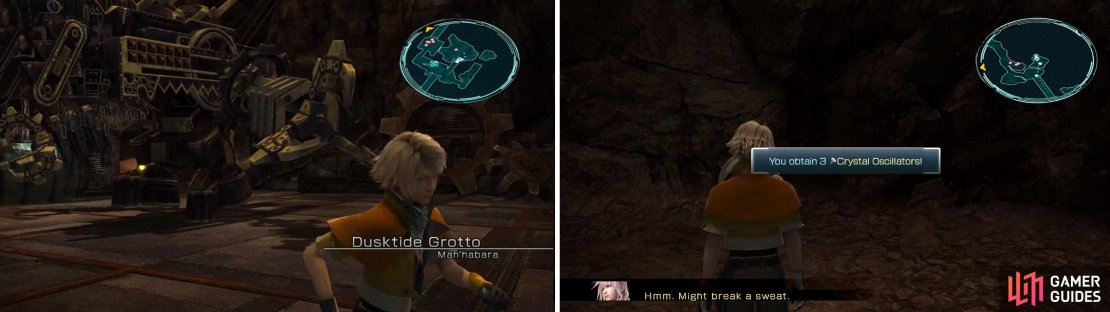 Dusktide Grotto entrance (left) and the 3x Crystal Oscillator location (right).