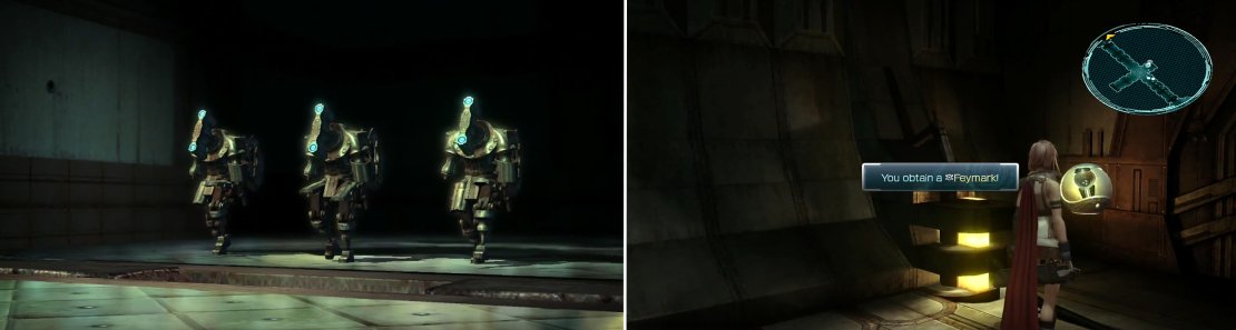 Enemies will be released from doors at the sides of the room (left). Later, you can find Snow&rsquo;s Feymark weapon (right).