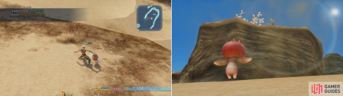 Battle the Rogue Tomato (left) and after the vile vegetable is hard-pressed it&rsquo;ll flee to lower-ground (right).