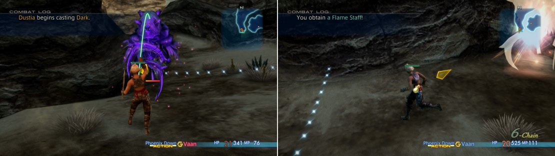 Dustia can be instantly slain by using a Phoenix Down (left) and if you&rsquo;re fortunate, you may obtain a Flame Staff (right).
