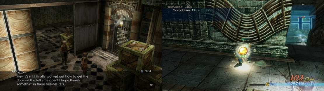 Talk to Kytes and he&rsquo;ll open the door to Garamsythe for you (left). Dire Rats are common foes here which are easy to chain, if you want to earn some Gil (right).