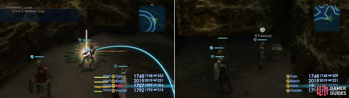 You&rsquo;ll find stronger enemies in the Zertinan Cavern, like the Slime (left). Loot an urn to obtain the Sight Unseeing technick (right).