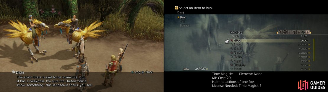 Talk to the mounted merchant to gain some advice about a foe looming ahead (left). You can also buy new magicks from him (right).