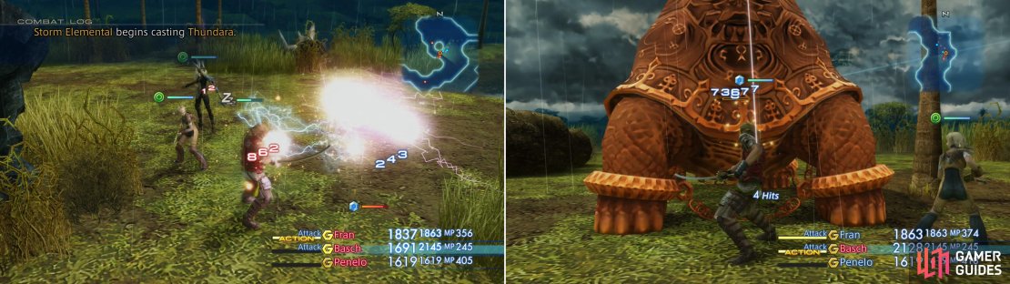 While not as powerful as Entites, the Storm Elemental can still be a difficult foe (left). The Giant Tortise, on the other hand, isn&rsquo;t quite as powerful as it is large (right).