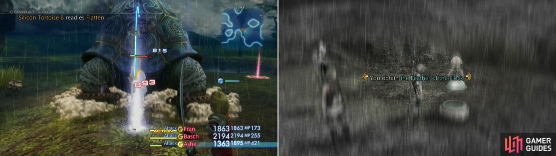 Be wary, however, as Silicon Tortoises prowl beyond the debris bridge (left). While you&rsquo;re here, be sure to grab the Feather of the Flock item (right).