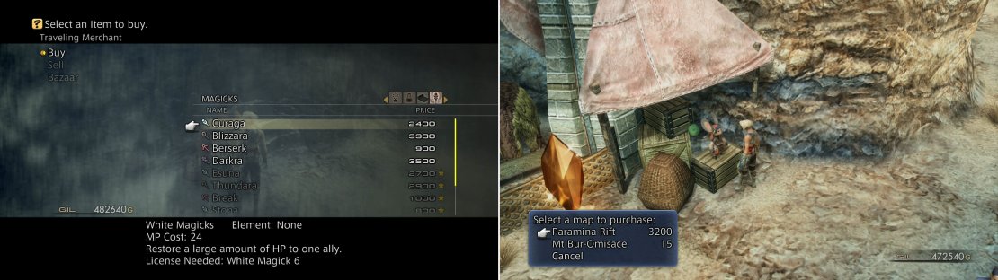 Be sure to do business with the merchants on Mt. Bur-Omisace, as they have lovely new magicks for sale (left). As is the norm, you can also buy new maps here (right).