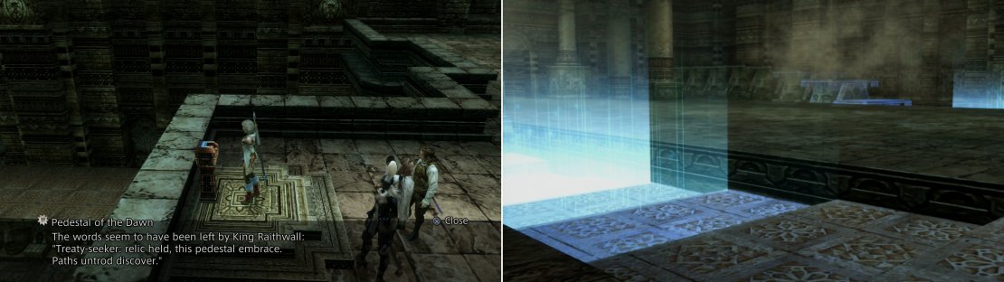 Again, make sure you have the Dawn Shard equipped (left) and you&rsquo;ll be able to deploy some stairs and continue deeper into the Stilshrine (right).
