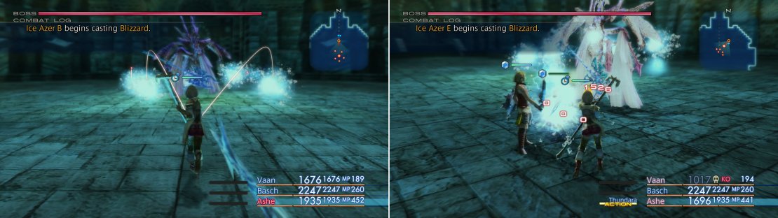 Mateus is joined by several Ice Azers, who will pelt you with various magicks during the fight (left). While it may be tempting, magick may not be the best answer to Mateus or his Ice Azers, as he&rsquo;s fond of using Reflect (right).