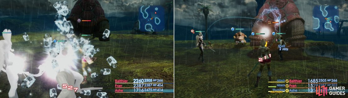 Gil Snapper will fight back with a variety of attacks, including Blizzara (left). It&rsquo;s also susceptible to a host of status effects, and is weak to Lightning (right).