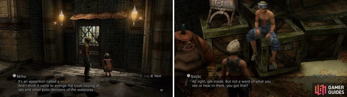 Talk to Milha to officially start the Wraith hunt (left) and Balzac to continue with the main storyline (right).