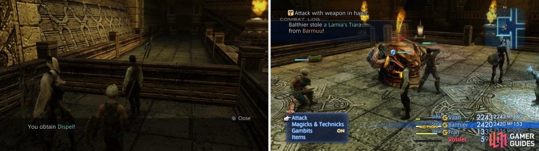 Dispel (left) is one of the more important magicks in the game. The Lamia’s Tiara you can steal from Barmuu is a decent upgrade (right).