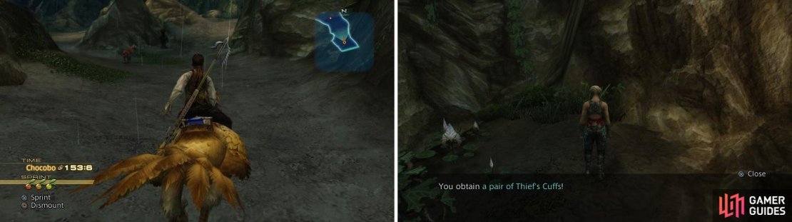 You can ride the Chocobo to Babbling Vale without having to fight anything (left). The Thief&rsquo;s Cuffs will make it easier to steal items (right).