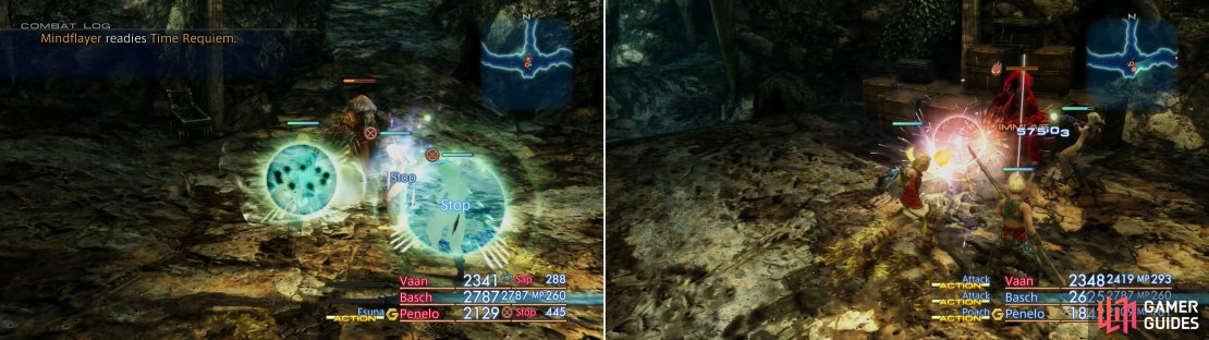 The Mindflayer can use many nasty attacks, like Time Requiem (left), but if you inflict Berserk on it, it&rsquo;ll abandon those dangerous abilities (right), making the fight much easier.