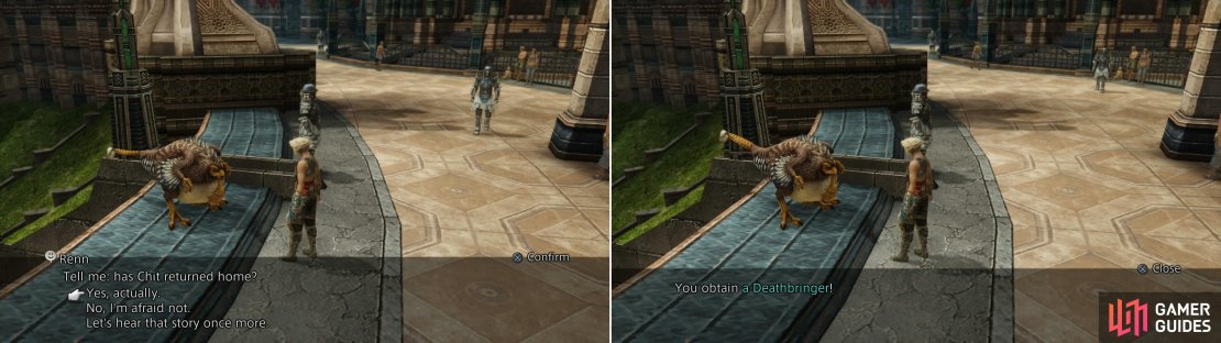 If you’ve completed Chit’s sidequest, tell him so and hell head back to the Giza Plains (left), but not before rewarding you with a Deathbringer (right).