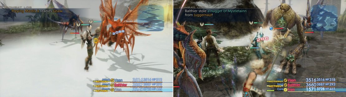 You&rsquo;ll find the snowy, southern reaches of the Feywood populated with new enemies (left), including the Rare Game Juggernaut, who can be deprived of some Mystleainn (right).