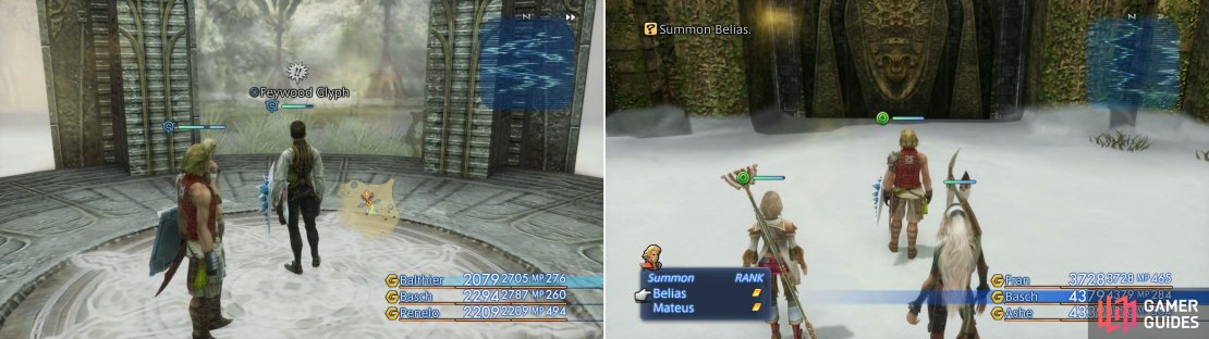 Stand in the center of each shrine and look for the illusion of a verdant forest - this will lead you to the next correct shrine (left). After activating all the shrine, you&rsquo;ll need to summon Belias to get through the gate leading to Giruvegan (right).