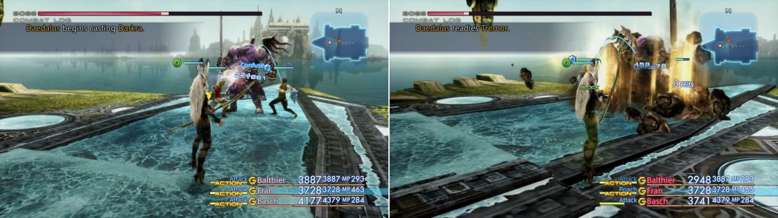 Daedalus is susceptible to various status effect, particularly Confuse (left), this rarely inconveniences him much, however, as he&rsquo;s got a variety of technicks to respond with (right).