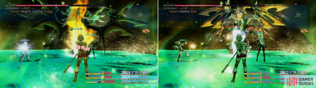 Tyrant is fond of using fire magicks (left), which naturally means you should respond with ice magick (right), to which it&rsquo;s weak.