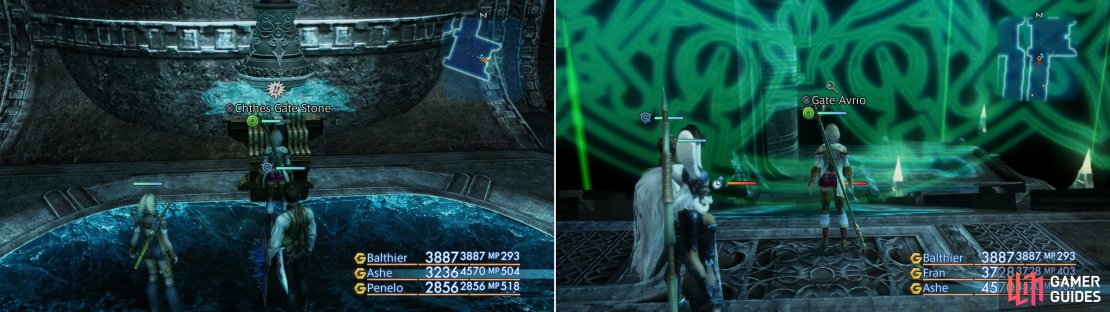 Various Gate Stones (left) can be activated to take down barriers you&rsquo;ll find along your path (right).