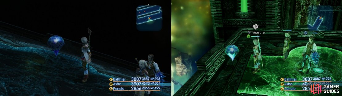 Be sure to look out for treasure crystals, can contain valuable loot - this one will yield an Aegis Shield (left), while later on you&rsquo;ll find another crystal with the Sleepga magick inside (right).