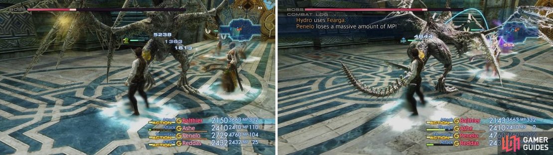 Hydro being weak to holy means your Uhlan can deal some major damage with a Holy Lance (left). Fearga is annoying, as it can deplete your party&rsquo;s MP pools (right).