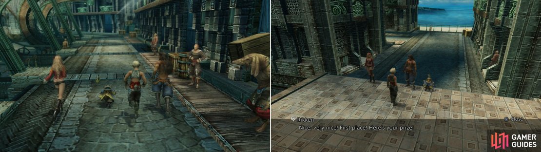 Rikken will challenge you to a good natured race - well, jog - if you bother him enough (left) and if you win, you&rsquo;ll gain a prize (right).