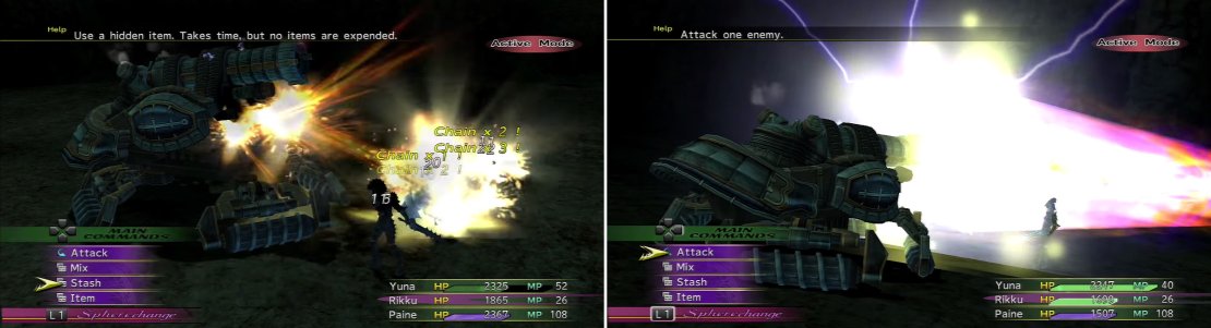 The Gatling Gun (left) isn&rsquo;t too strong with Protect on the party. Sorcery Ray (right) can hit hard though.