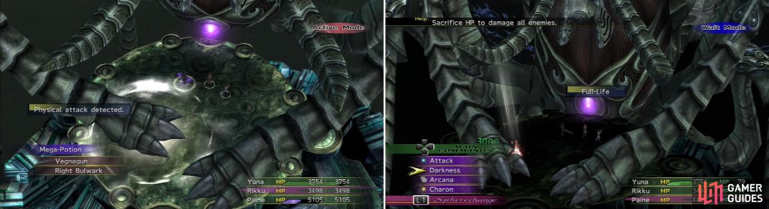 This phase can counter-attack (left) almost anything you use so buff yourself immediately. It can also revive the Bulwarks (right) completely. Using Darkness helps a lot to keep them down though.