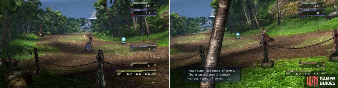 Your task is to whittle the enemy&rsquo;s HP down to zero (found on the right side of the screen) using a set amount of ammo. Enemies will drop chests when dead (right) that contain different ammo types.