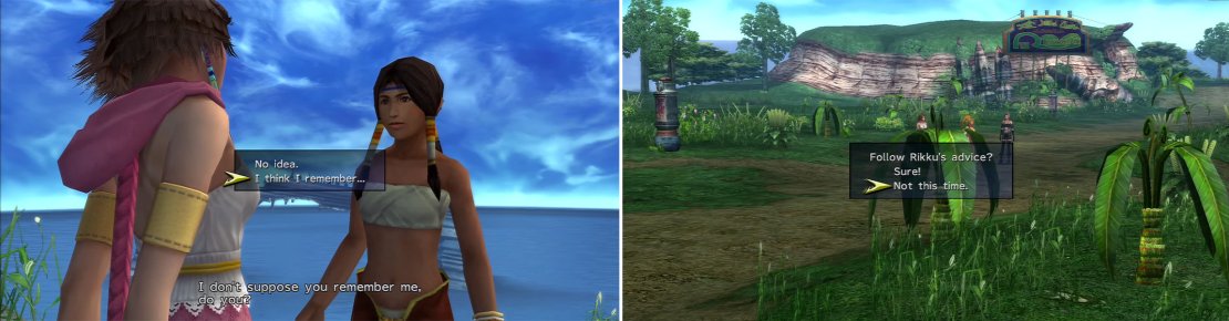 You meet a very grown up version of Calli (left) from FFX for this mission. During the mission, you need to collect feathers while following Rikku (right). Trust her instincts after you&rsquo;ve collected enough.