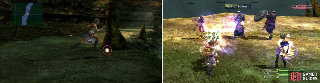 Along the path south you can find Yuna&rsquo;s Special Dressphere (left) which initiates the boss fight. Logos can use Hail of Bullets (right) to hit all party members.