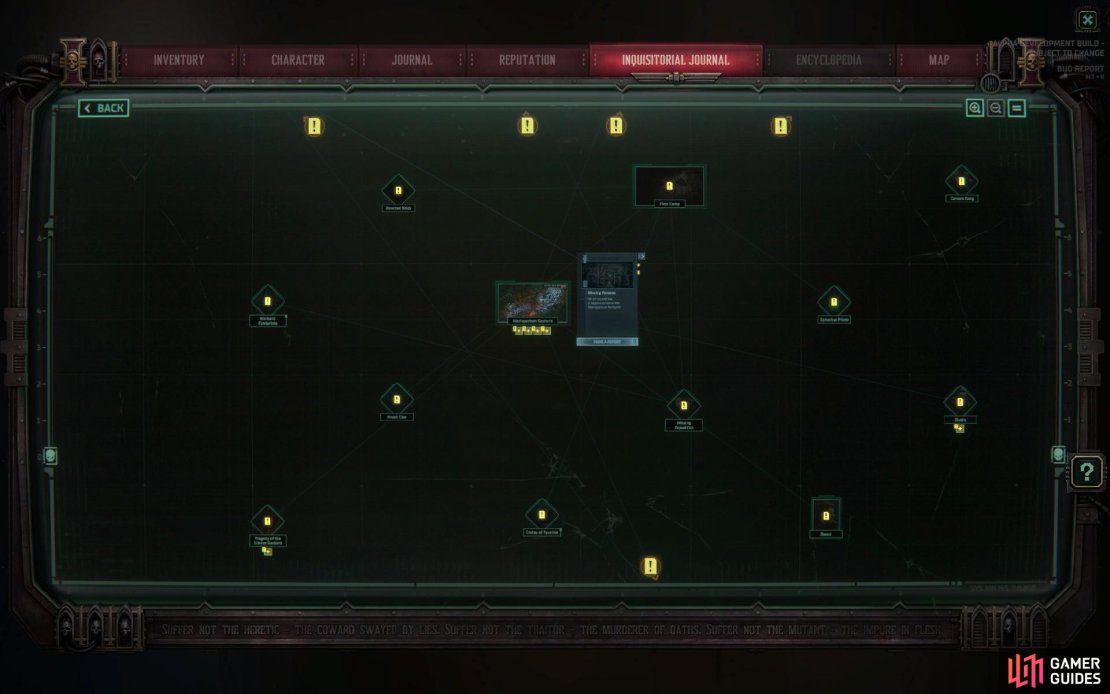 As you collect intel, you’ll compile it in your “Inquisitorial Journal”. This is a single case file - quests are labyrinthine, with many a false lead or contradictory clue.