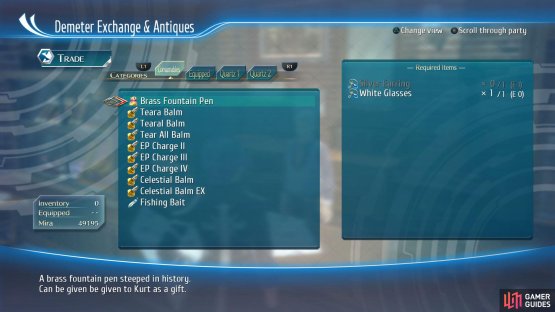 Head into the Demeter Exchange & Antiques to trade in the items you found earlier for the Brass Foundation Pen
